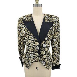 Vtg Vicky Tiel Couture Brocade Blazer Womens 42 Black Gold Jacket Silk Lurex